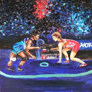 1. místo Barbora Svobodová, Řeckořímský zápas, tempera, ZŠ a MŠ Zahuní