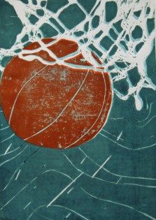 Monika Vávrů, Míčem do sítě, vícebarevný linoryt, EDUCA-SOŠ Nový Jičín